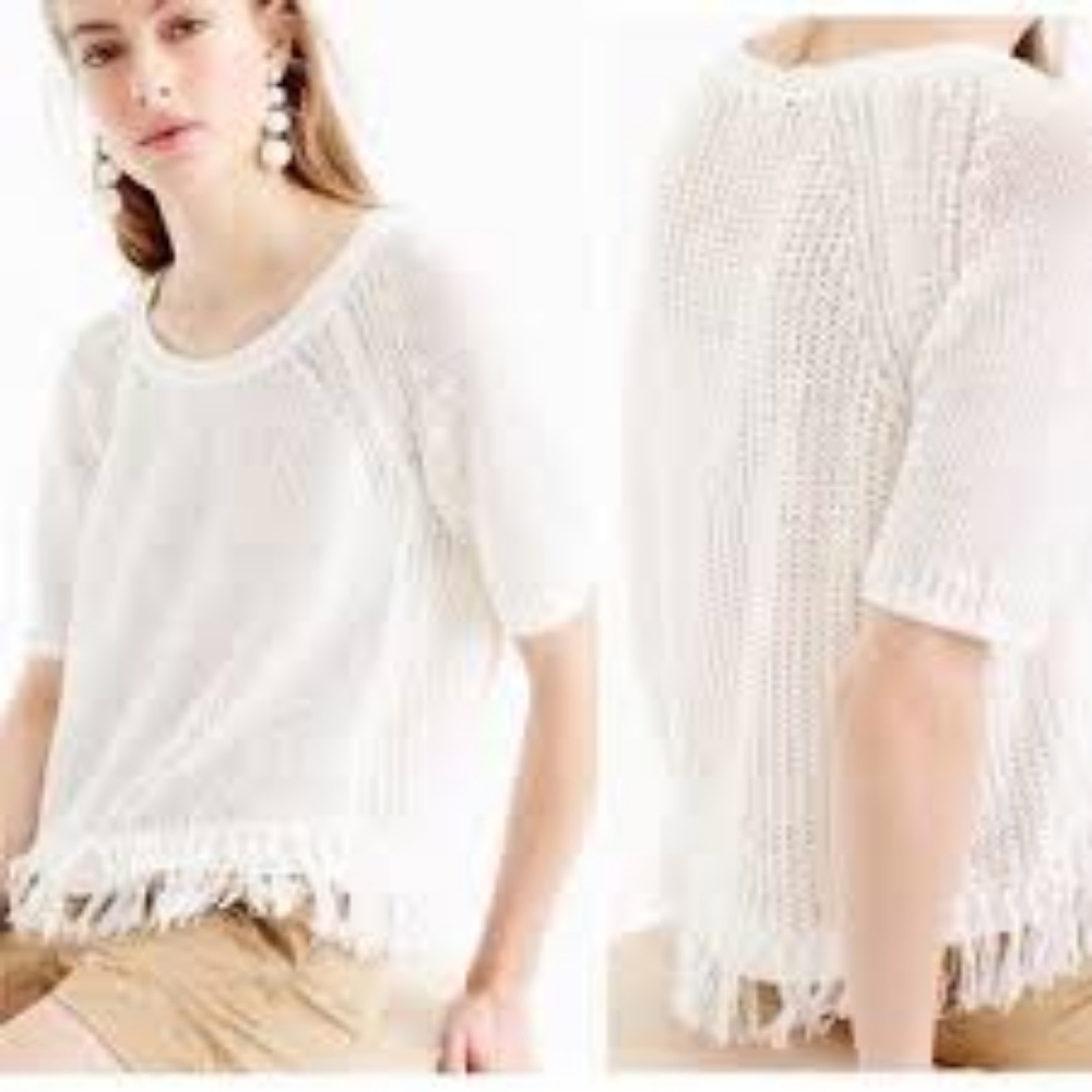 NWOT J. Crew White Short Sleeve Fringe Sweater - M